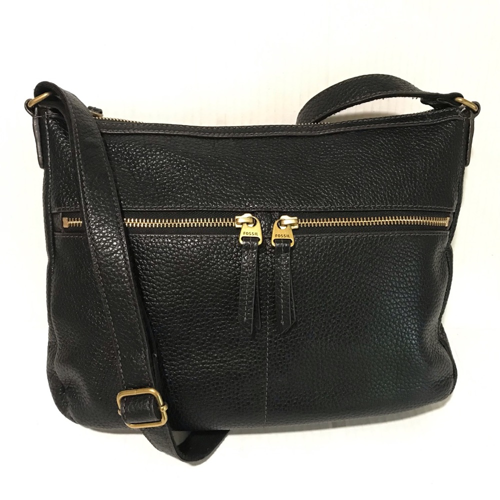 Fossil Elise Double Zip Black Pebbled Leather Large Crossbody Shoulder Bag Purse